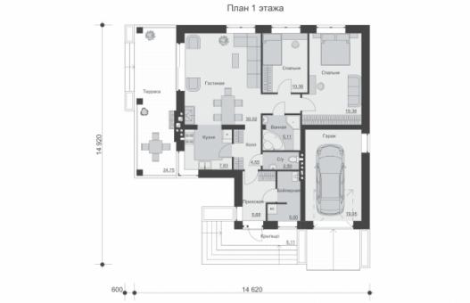 Проект одноэтажного дома с гаражом и террасой